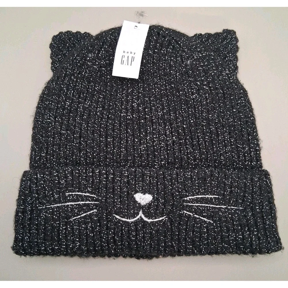 Baby Gap Black Cat w/ Silver Glitter Fall/Halloween/Winter Hat 6-12 Months NWT